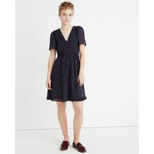 Madewell Navy Sugar‎ Dot V-Neck Flutter-Sleeve Ruffle-Hem Mini Dress Size 12